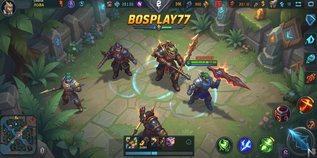 Screenshot utama BOSPLAY77 menampilkan aksi intens dalam pertempuran strategis MOBA.