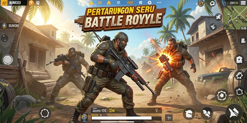 Tampilan seru aksi gameplay di BUMI303 Battle Royale.