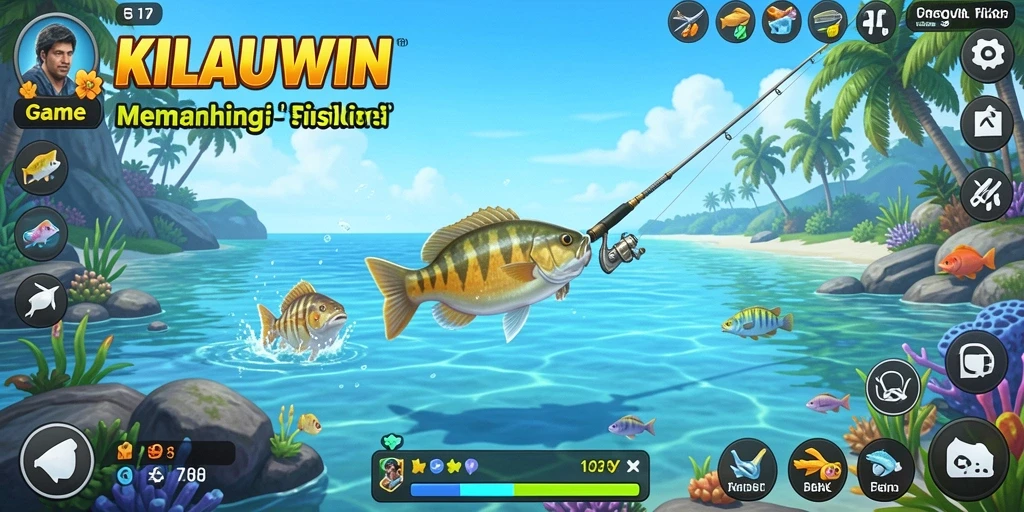 Tampilan gameplay KILAUWIN yang menarik saat memancing di lokasi indah.
