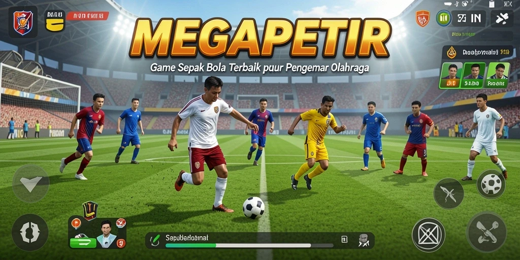 Tampilan gameplay seru dalam MEGAPETIR dengan aksi sepak bola yang mendebarkan.