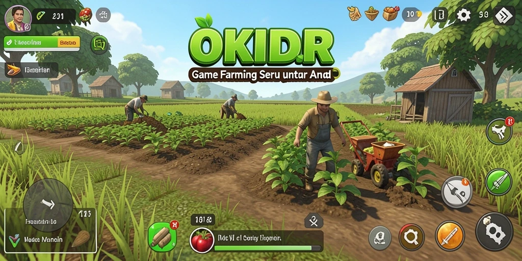Tampilan menarik dari gameplay OKIDR yang menunjukkan bertani.